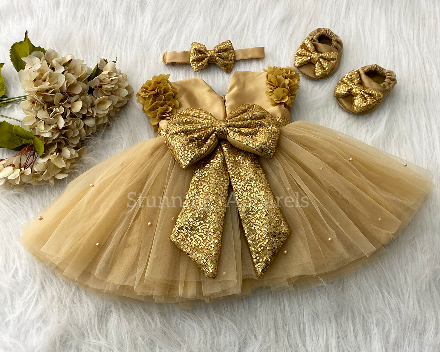 Golden Sequins Bow Party Wear Golden Dress