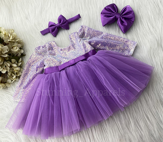Stylish Long Sleeves Satin Bow Party Wear Lavender Frock