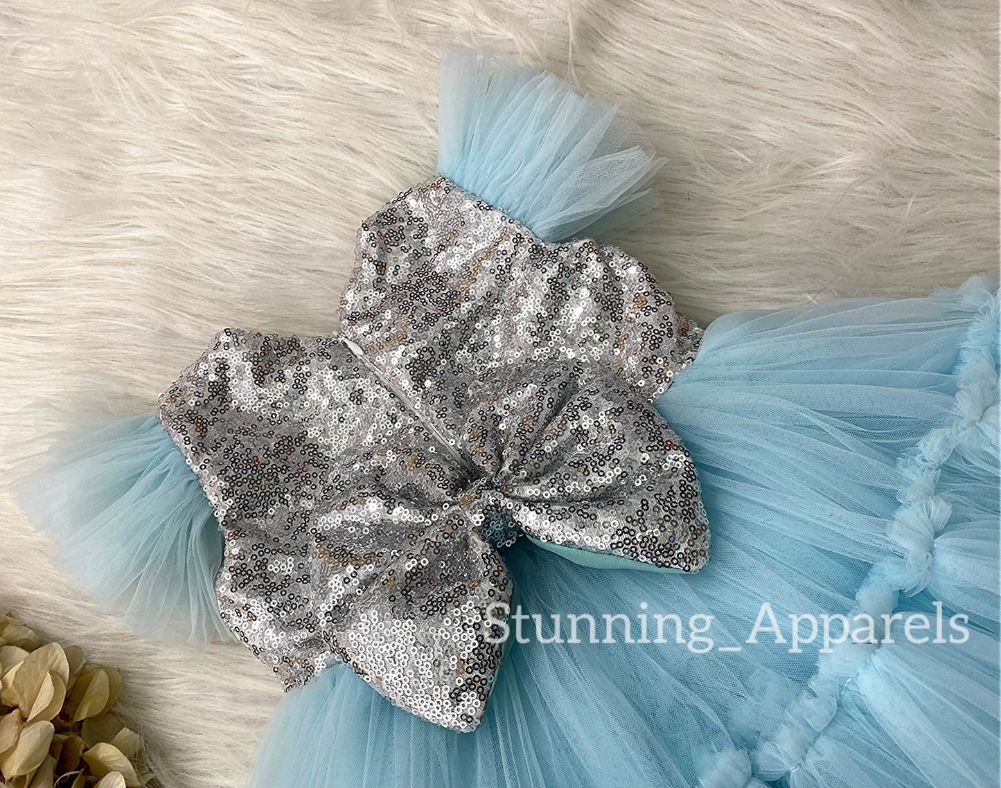 Silver Sequin Bow Sky Blue Ruffled Dress