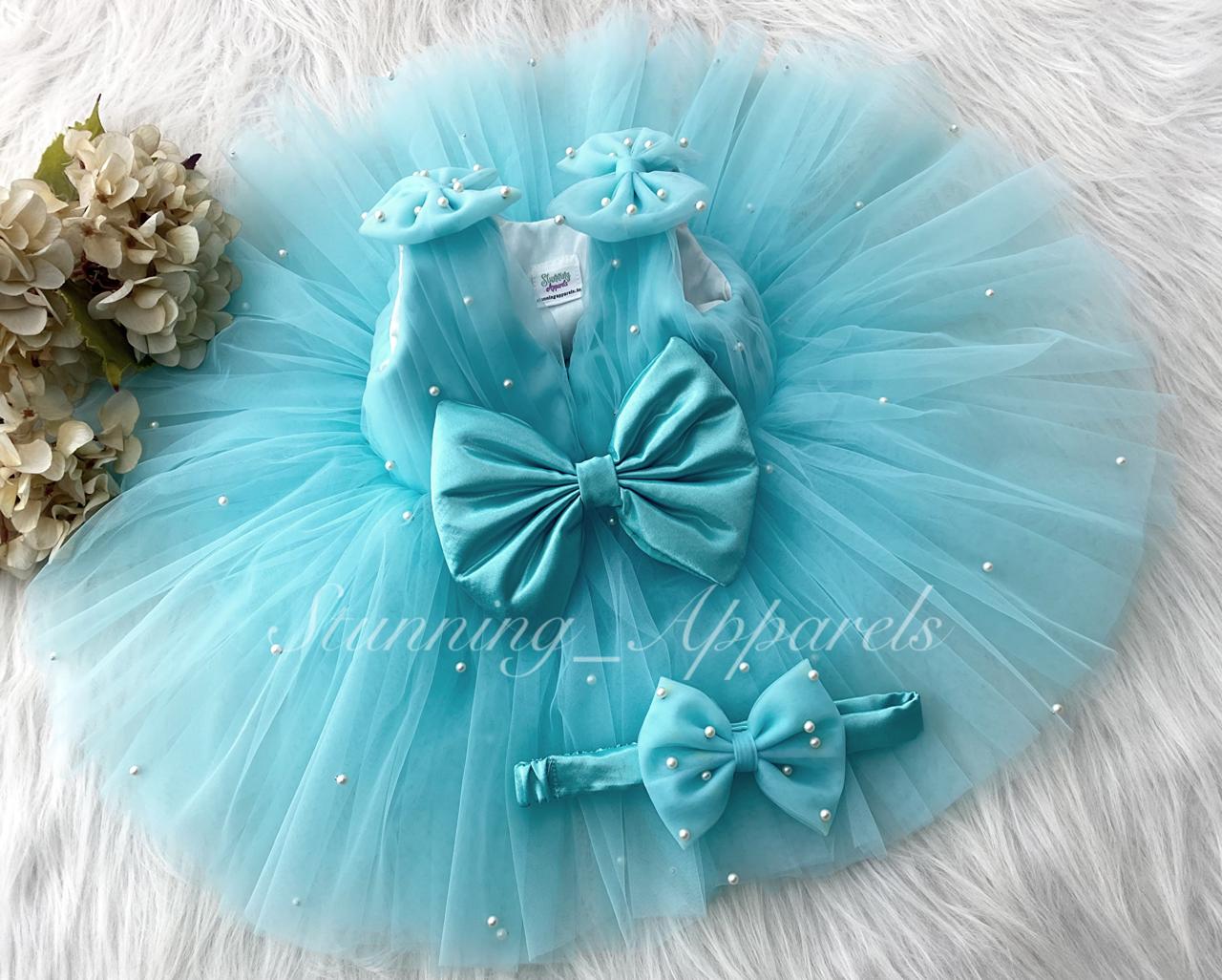 Shoulder Bow White Pearls Work Sky Blue Frock