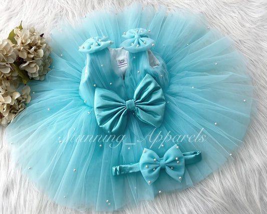 Shoulder Bow White Pearls Work Sky Blue Frock