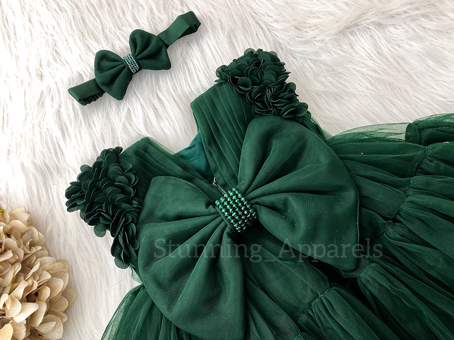 Beautiful Cape Sleeves Flower Work Ruffled Dark Green Frock