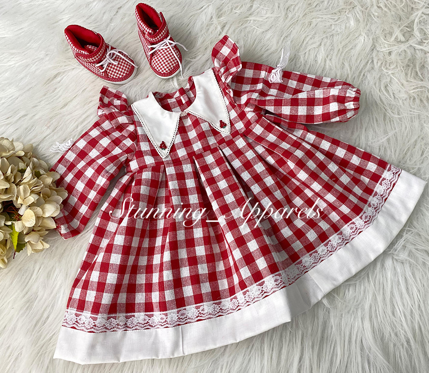 Stylish Long Sleeves Checks Printed Red Dress