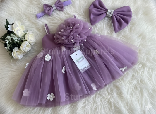 White Flower Work Strapped Sleeves Lilac Frock