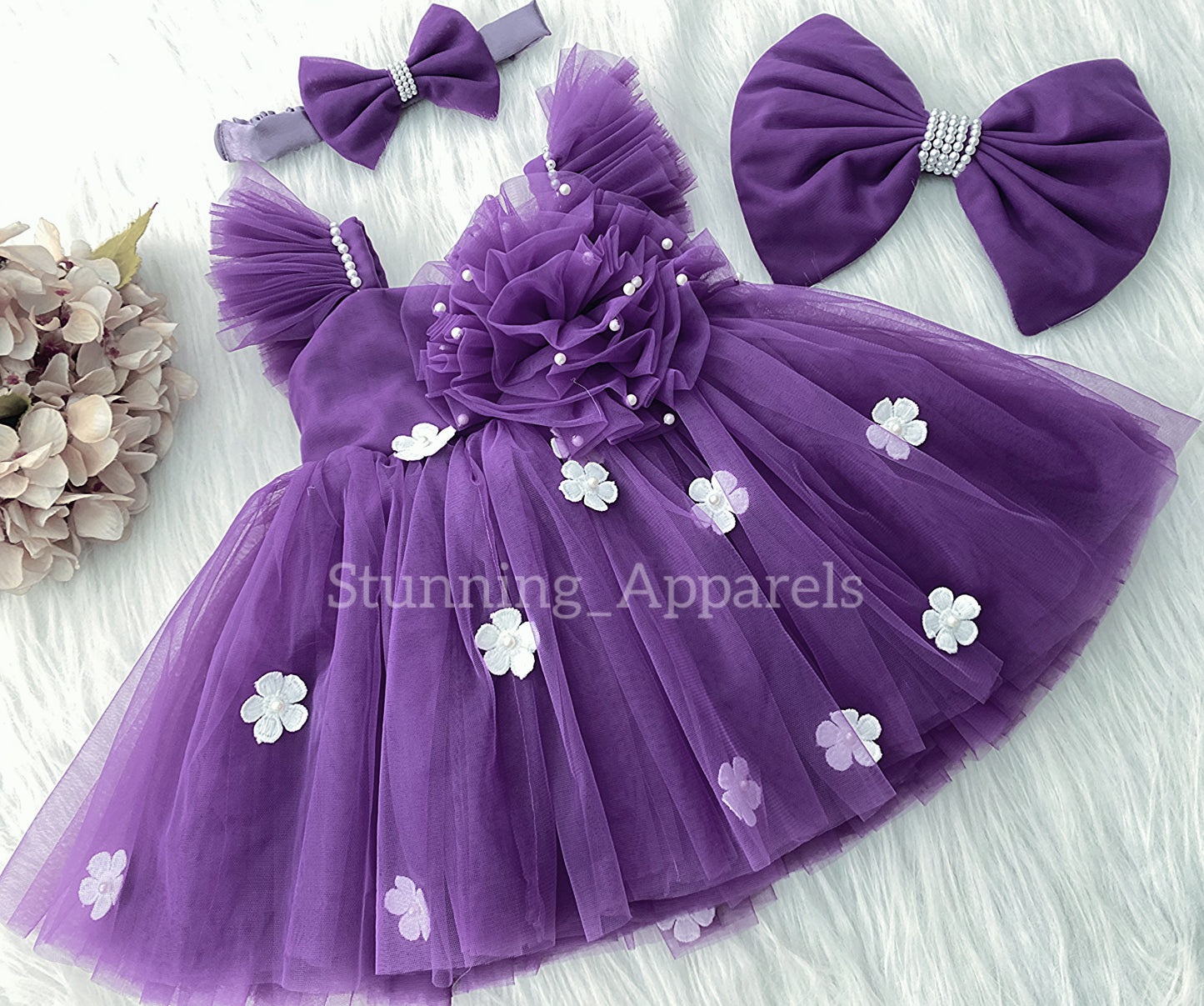 White Flower Work Strapped Sleeves Dark Lavender Frock
