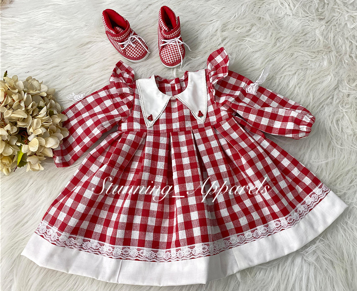 Stylish Long Sleeves Checks Printed Red Dress