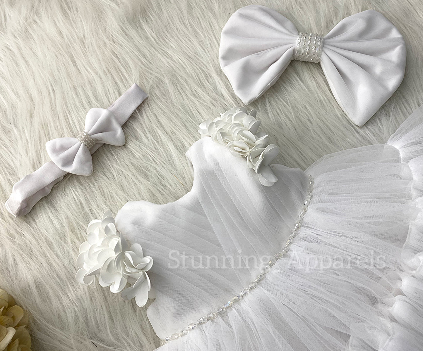 Beautiful Cape Sleeves Flower Work Ruffled white Frock