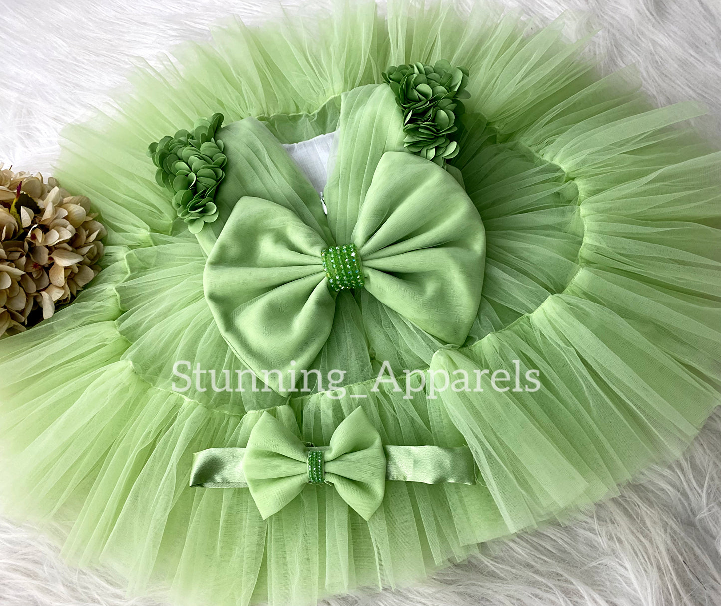 Beautiful Cape Sleeves Flower Work Ruffled Pista Greesn Frock