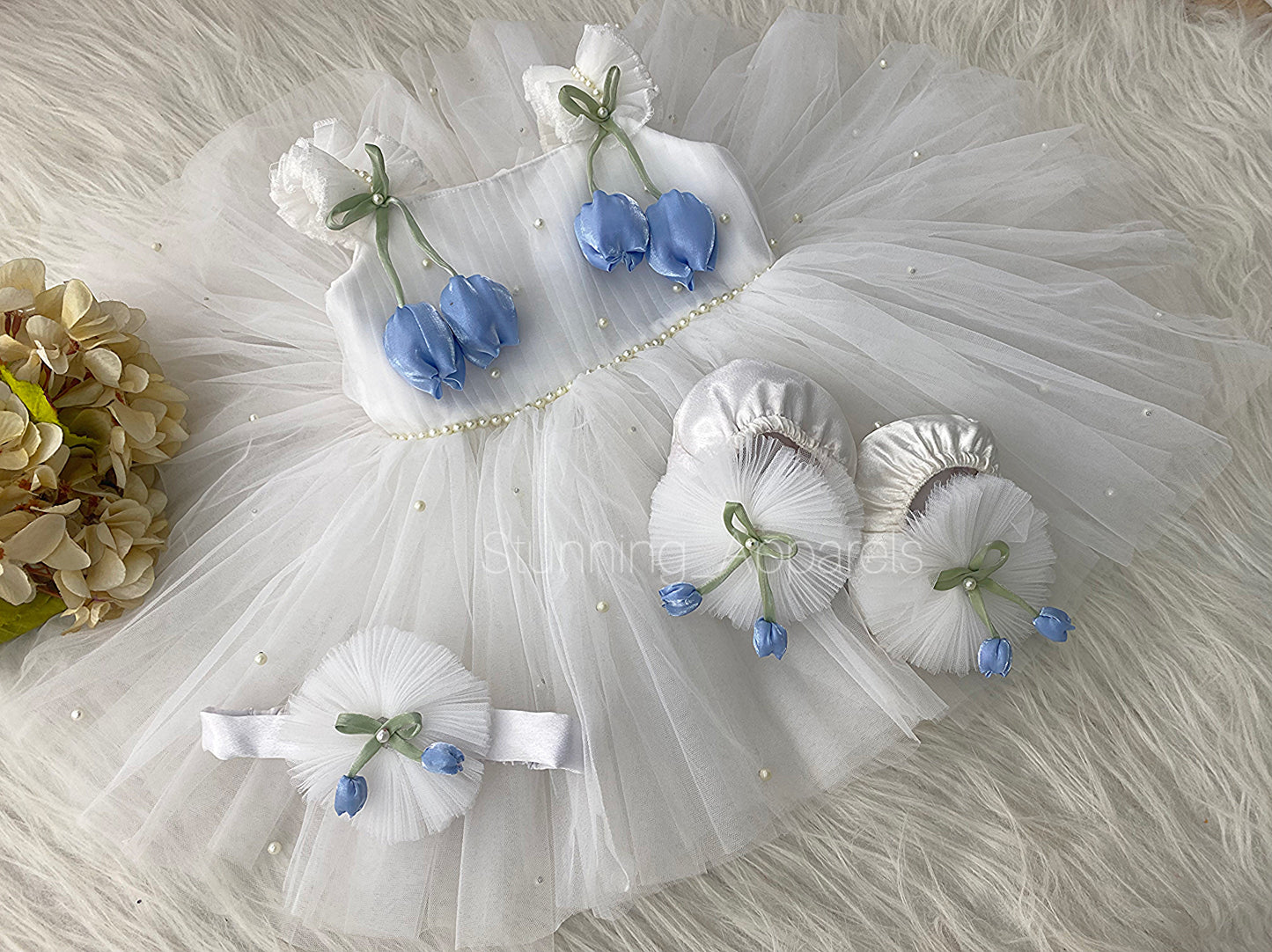 Pastel Blue Tulip Flower Work Party Wear White Dress
