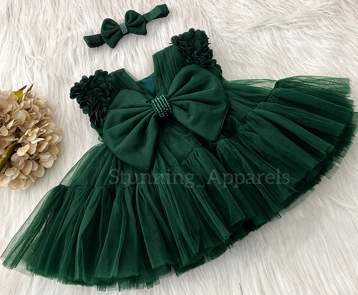Beautiful Cape Sleeves Flower Work Ruffled Dark Green Frock