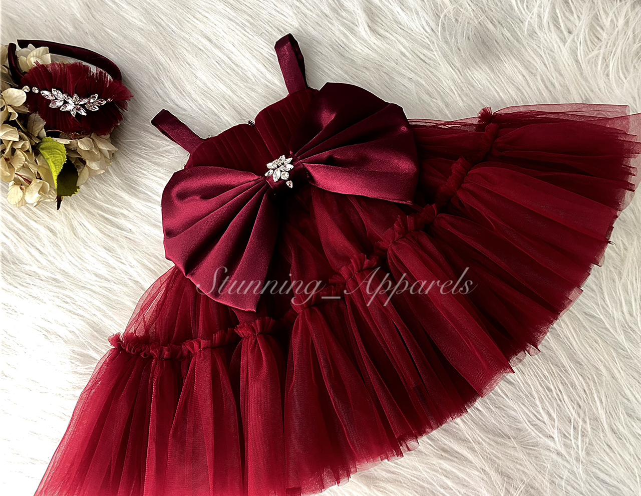 Designer Stone and Diamond Work Ruffled Maroon Dress