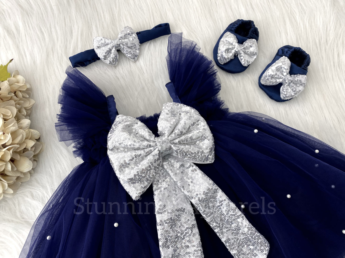 Silver Sequins Bow Party Wear Navy Blue Umbrella Dress
