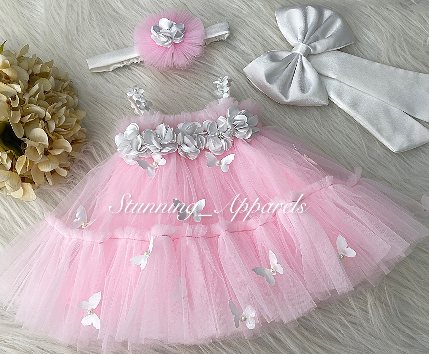 Butterfly Work Cute Party Wear Baby Pink Dress
