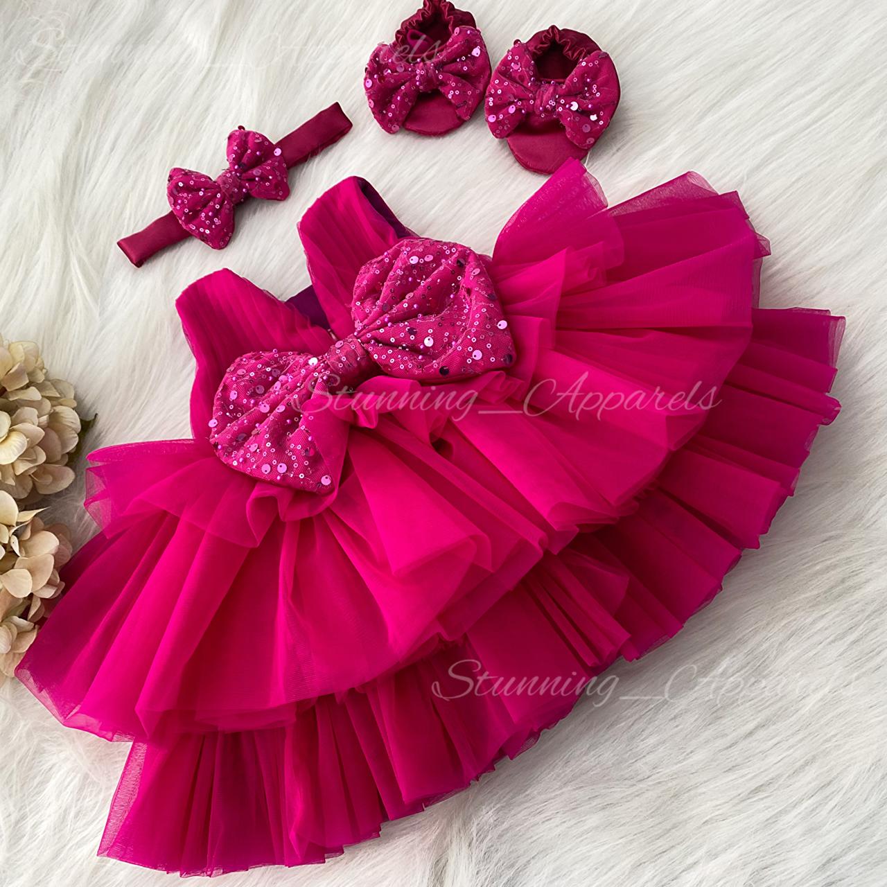 Three Layered Double Folded Stylish Magenta Frock