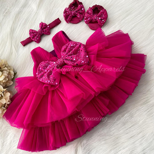 Three Layered Double Folded Stylish Magenta Frock