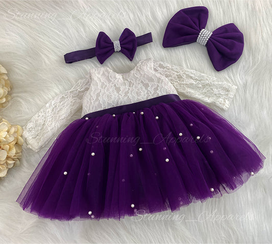 Long Sleeves White Pearls Work Purple Frock