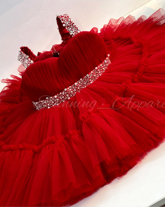 Designer Sweetheart Neckline Hand Work Red Green Frock