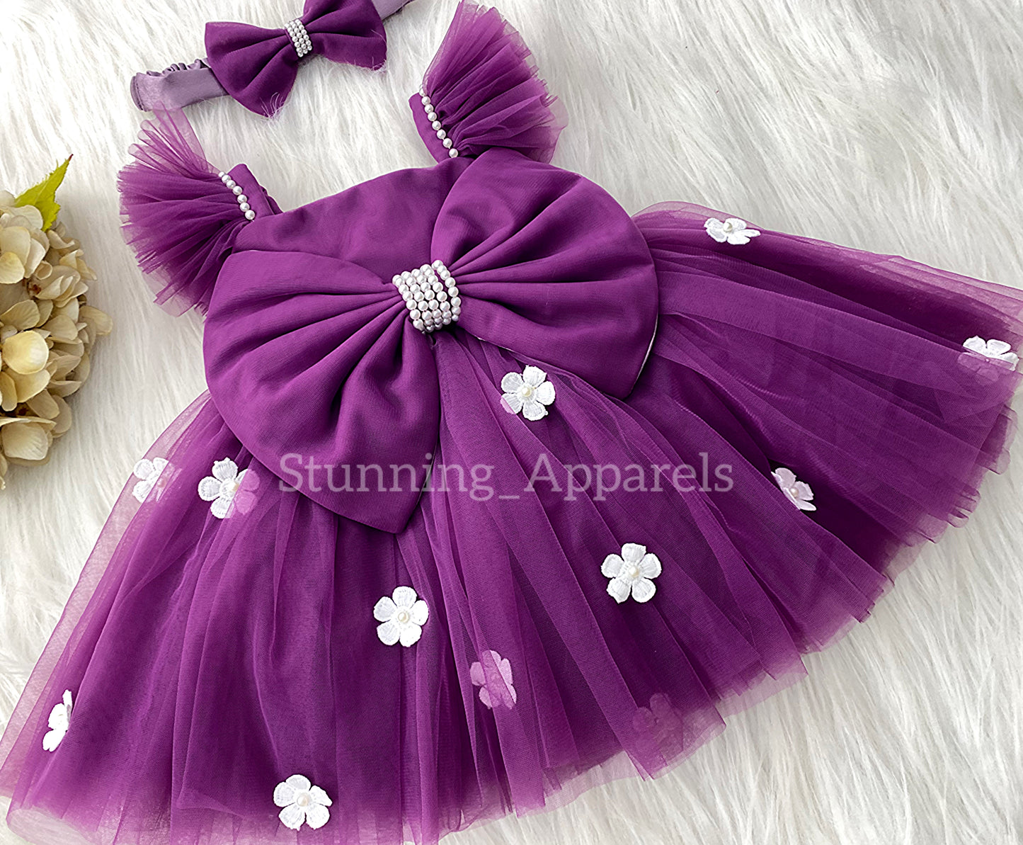 White Flower Work Strapped Sleeves Deep Orchid Frock