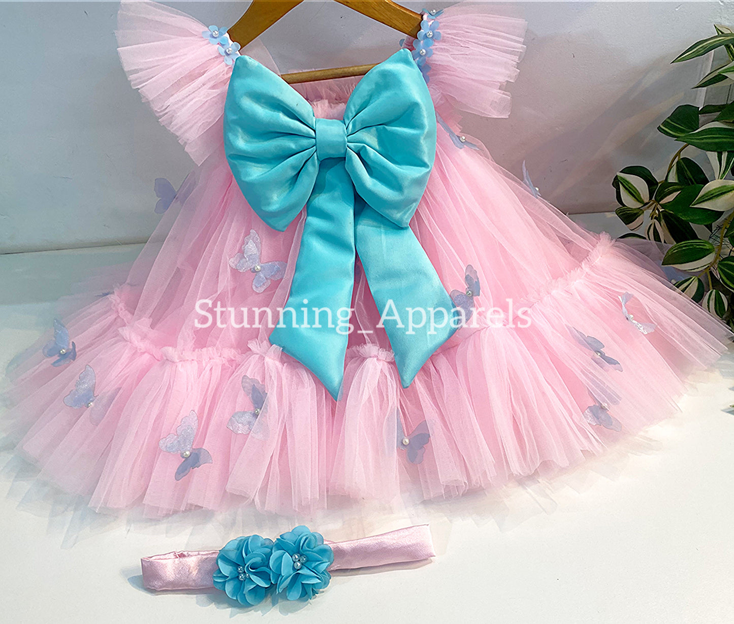 Butterfly Work Cute Party Wear Umbrella Baby Pink Dress