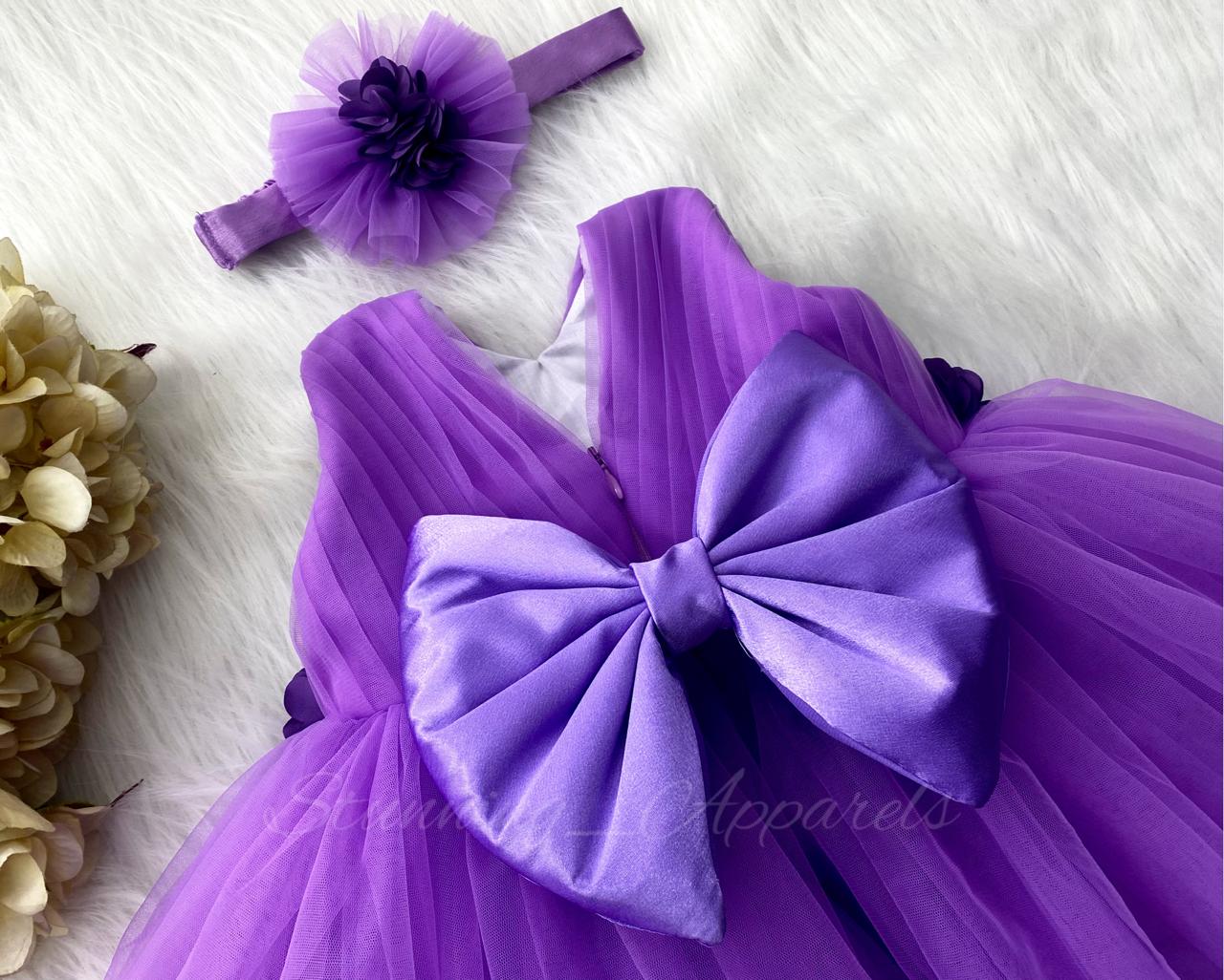 Waist Line Dark Lavender Flower Work Lavender Frock