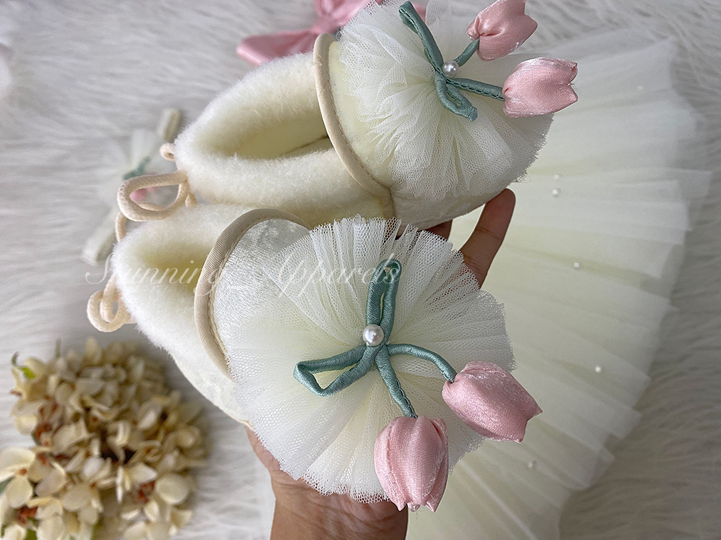 Peach Tulip Flower Work Party Wear Cream Dress