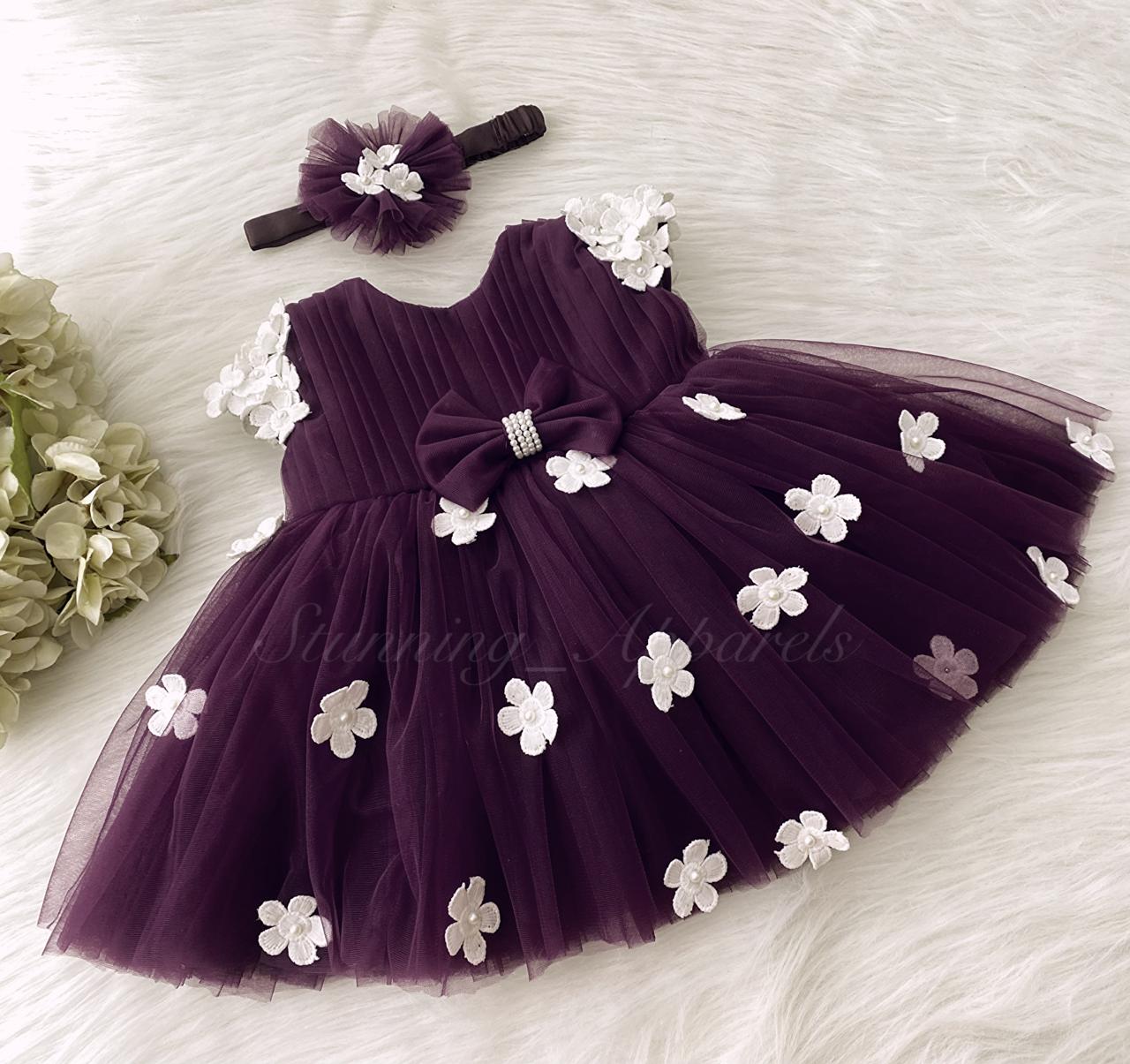 Cute White Flower Work Cape Sleeves Wine Frock