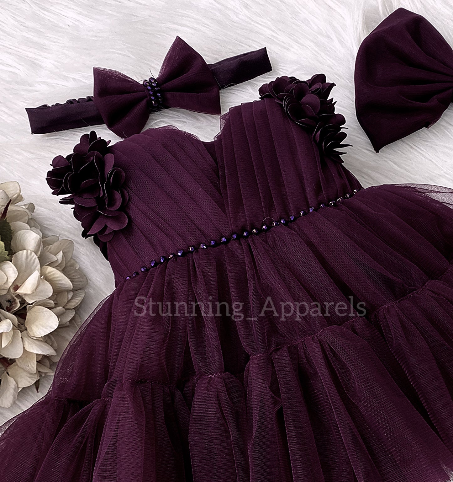 Beautiful Cape Sleeves Flower Work Ruffled Wine Frock