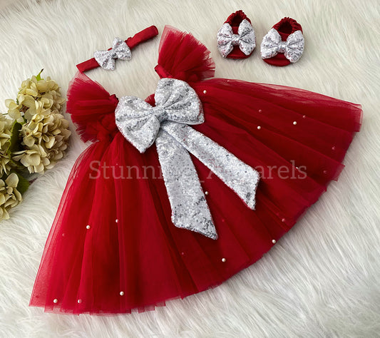 Silver Sequins Bow Party Wear Red Umbrella Dress