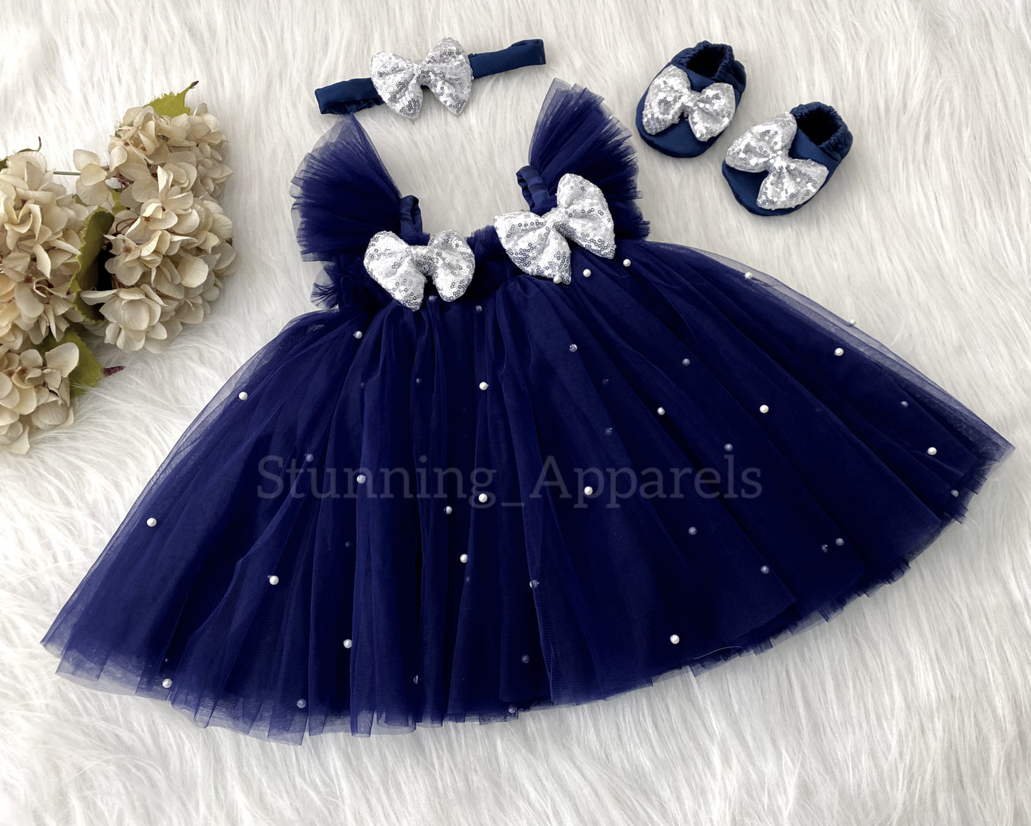 Silver Sequins Bow Party Wear Navy Blue Umbrella Dress