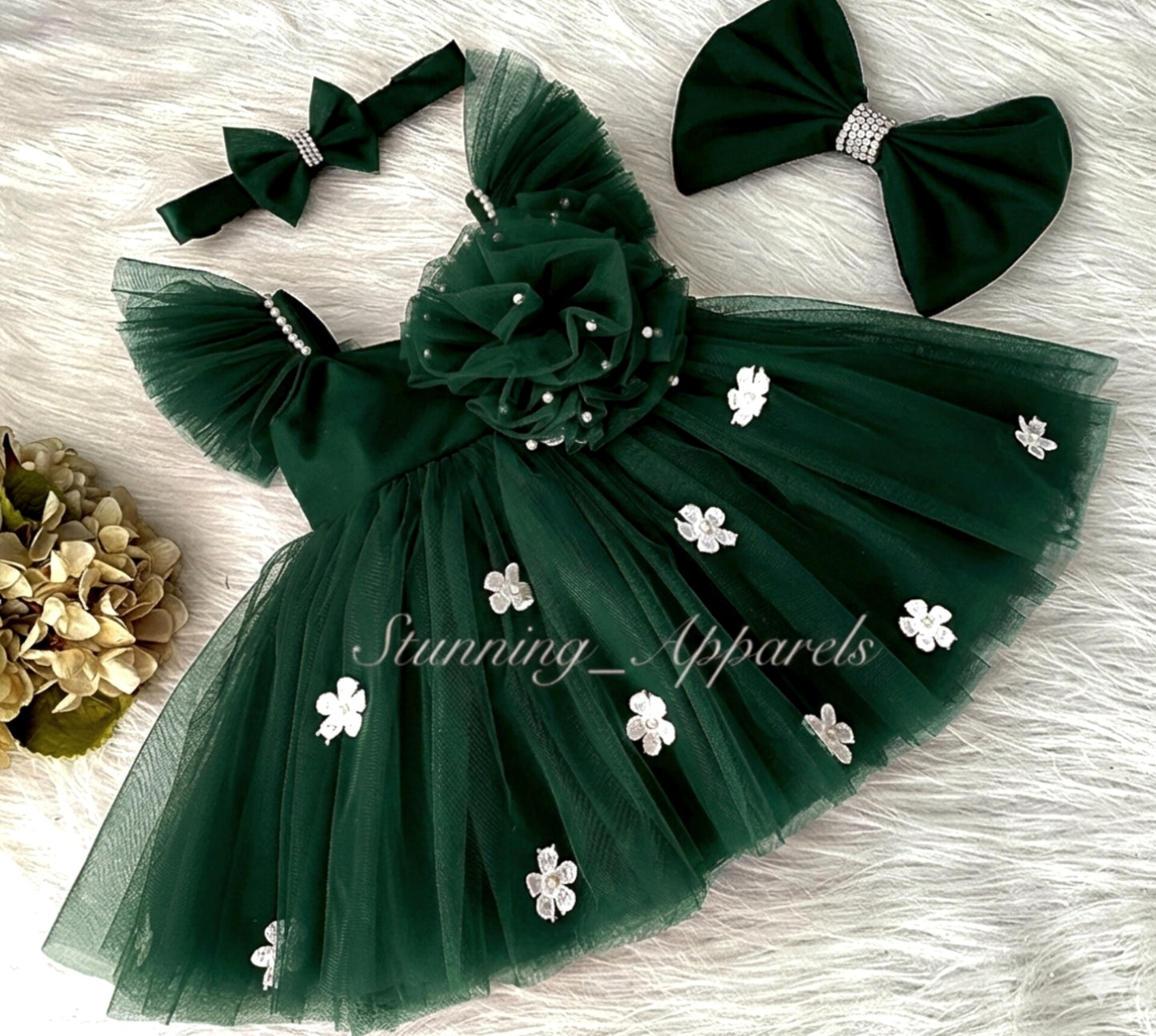 White Flower Work Strapped Sleeves Dark Green Pink Frock