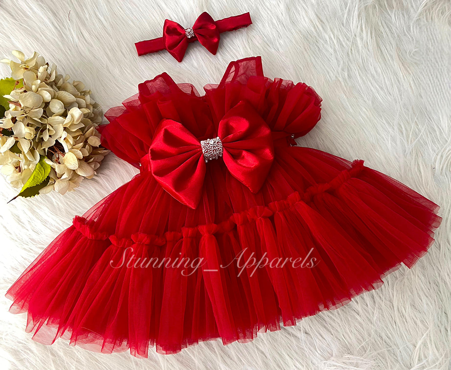 Designer belted Hand Wear Ruffled Party Wear Red Dress