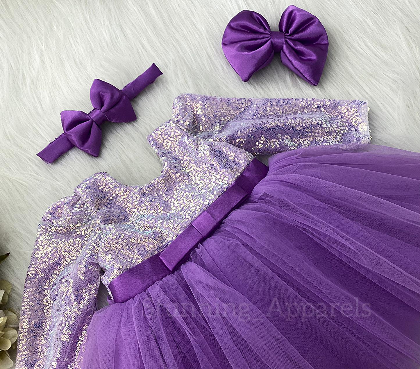 Stylish Long Sleeves Satin Bow Party Wear Lavender Frock
