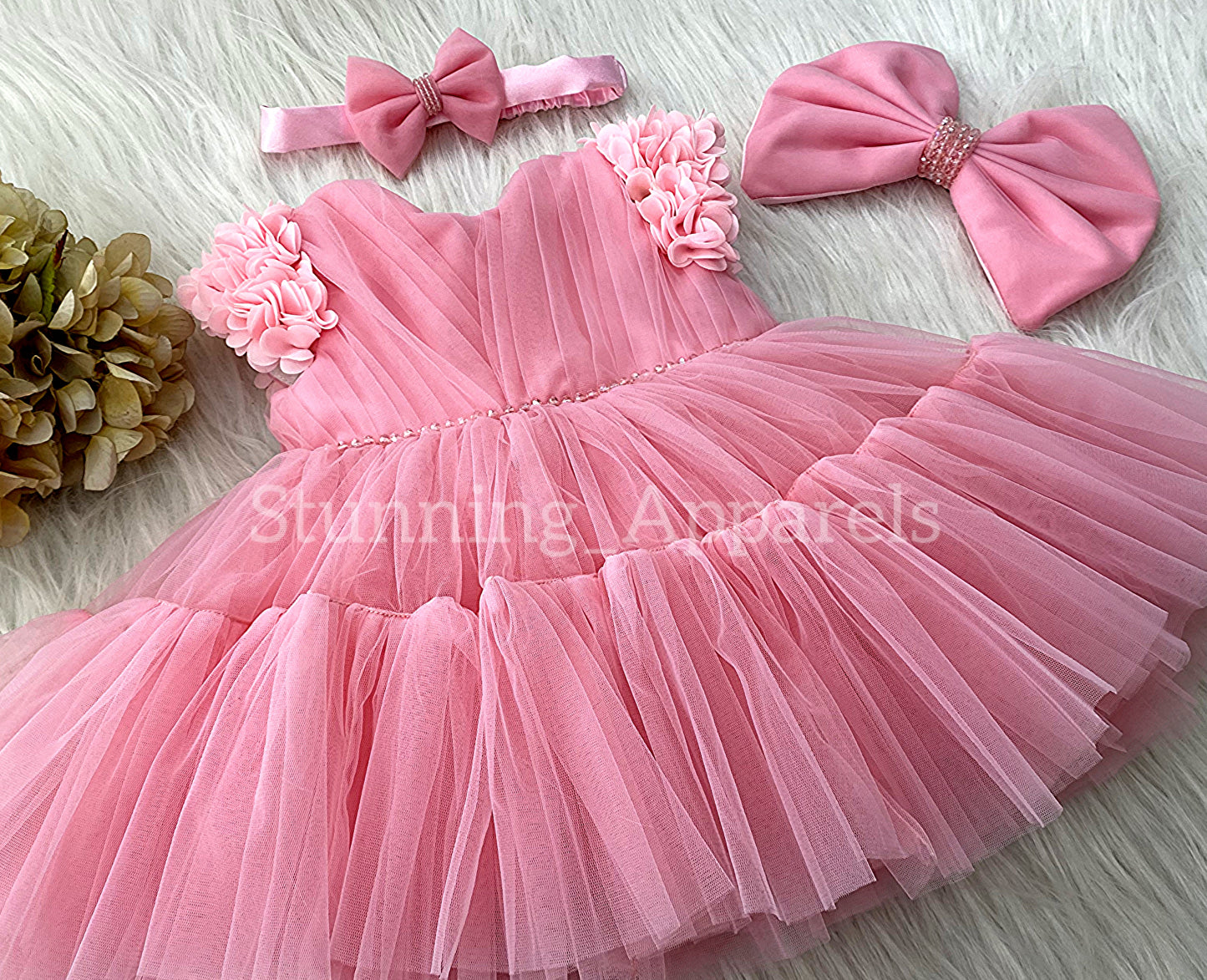 Beautiful Cape Sleeves Flower Work Ruffled Peach Frock
