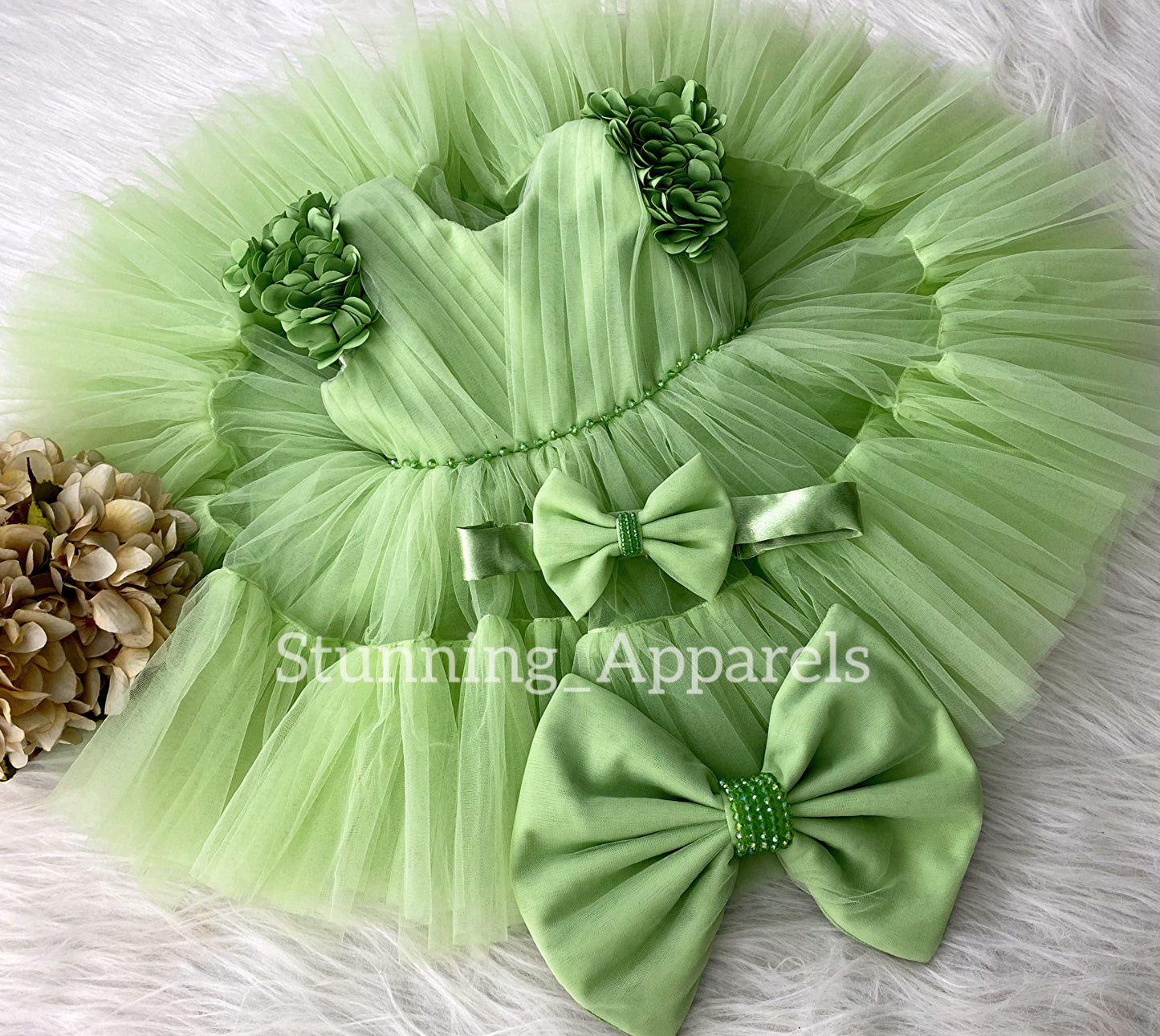 Beautiful Cape Sleeves Flower Work Ruffled Pista Greesn Frock