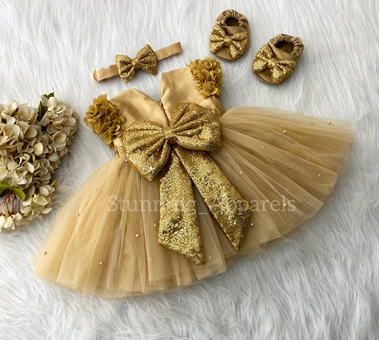 Golden Sequins Bow Party Wear Golden Dress