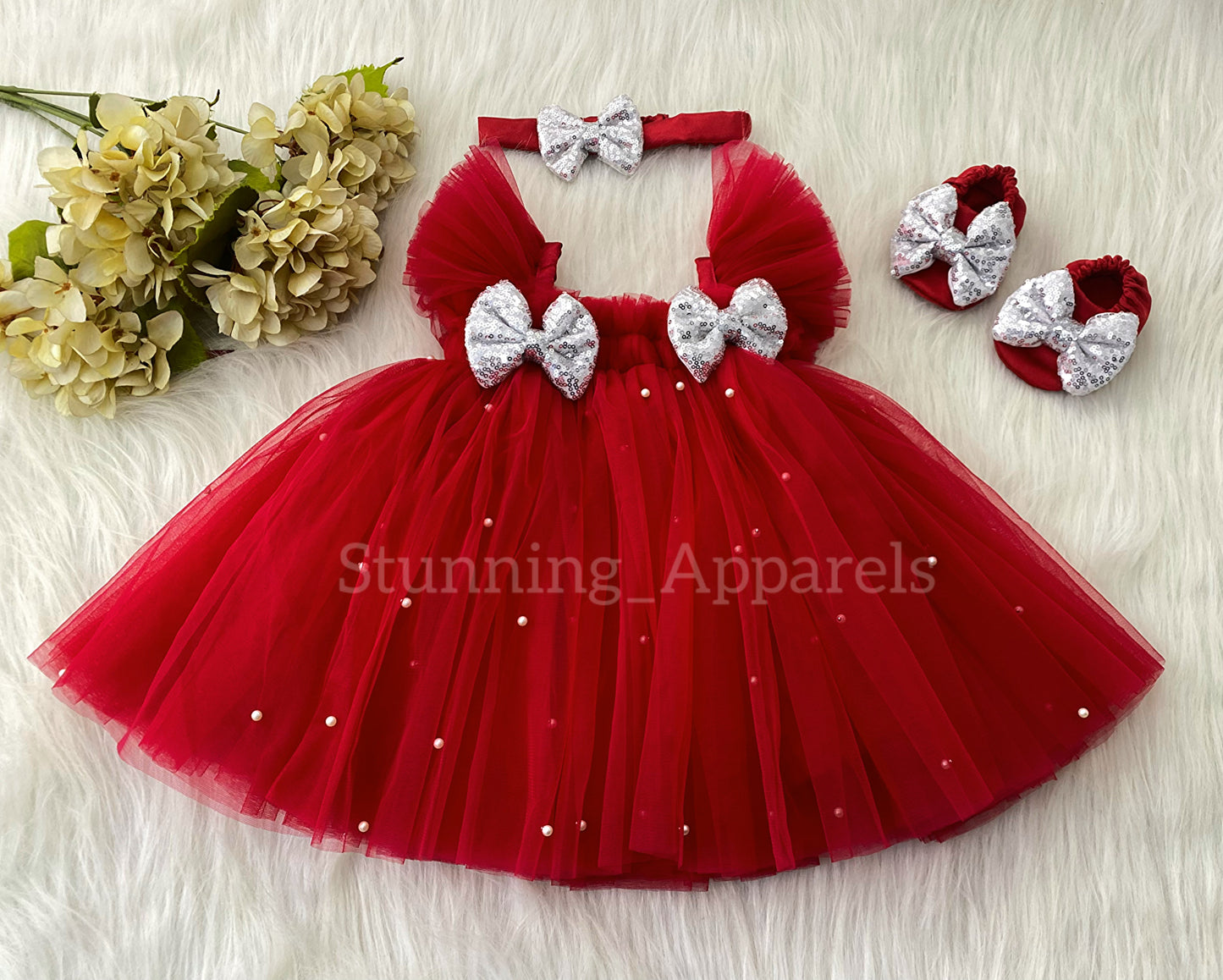 Silver Sequins Bow Party Wear Red Umbrella Dress