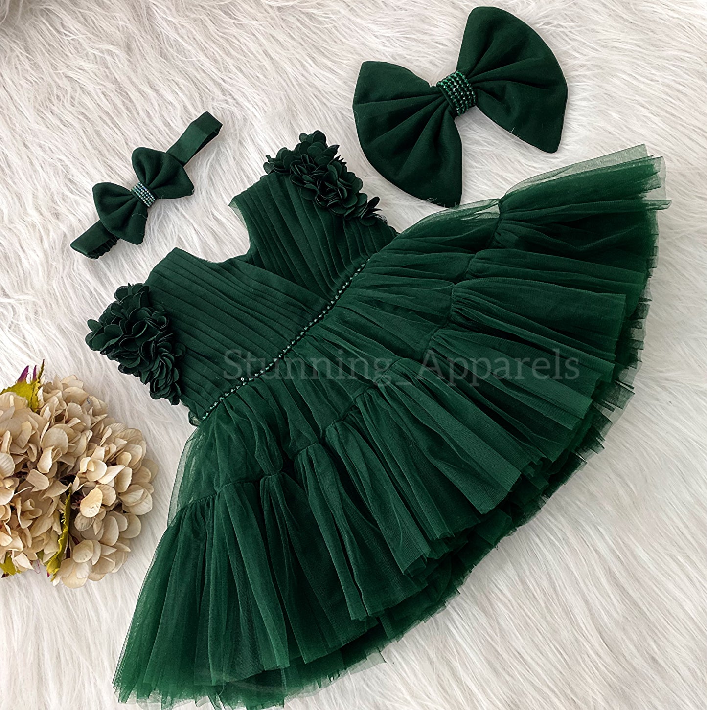 Beautiful Cape Sleeves Flower Work Ruffled Dark Green Frock