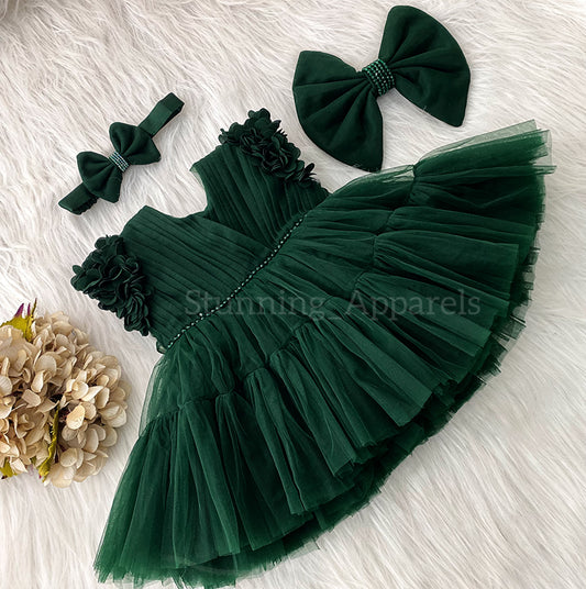 Beautiful Cape Sleeves Flower Work Ruffled Dark Green Frock