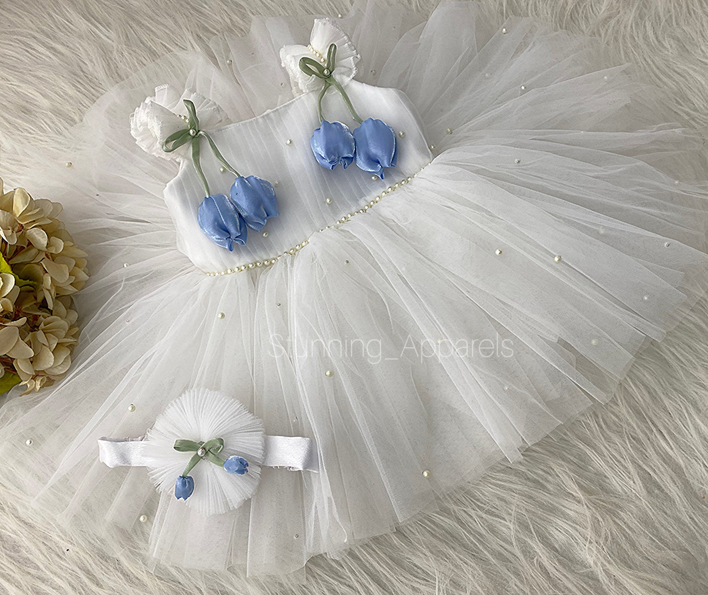 Pastel Blue Tulip Flower Work Party Wear White Dress