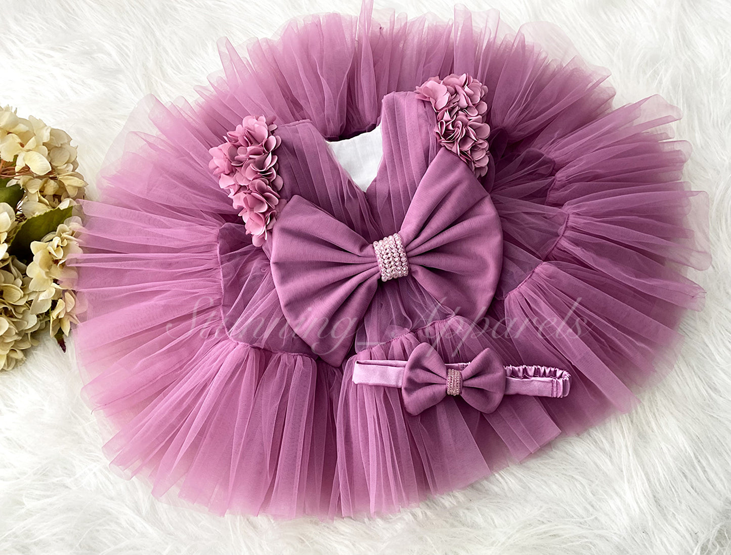 Beautiful Cape Sleeves Flower Work Ruffled Dusty Pink Frock