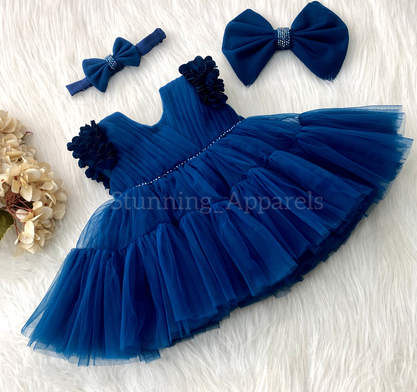 Beautiful Cape Sleeves Flower Work Ruffled Teal Blue Frock