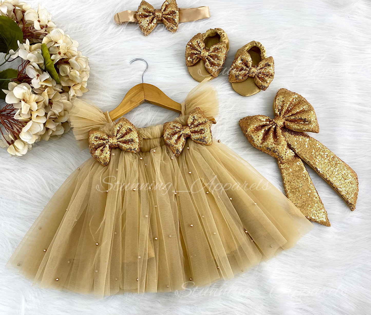 Golden Sequins Bow Party Wear Golden Umbrella Dress
