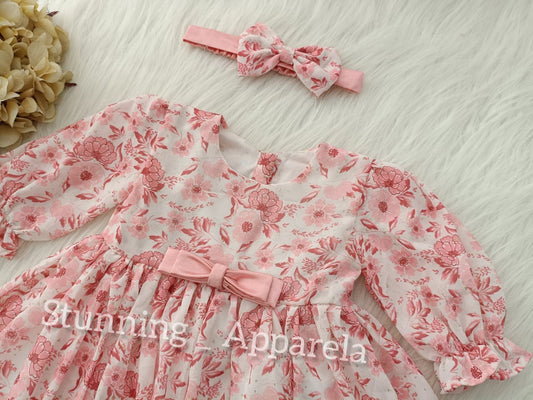 Stylish Long sleeves printed casual Peach frock
