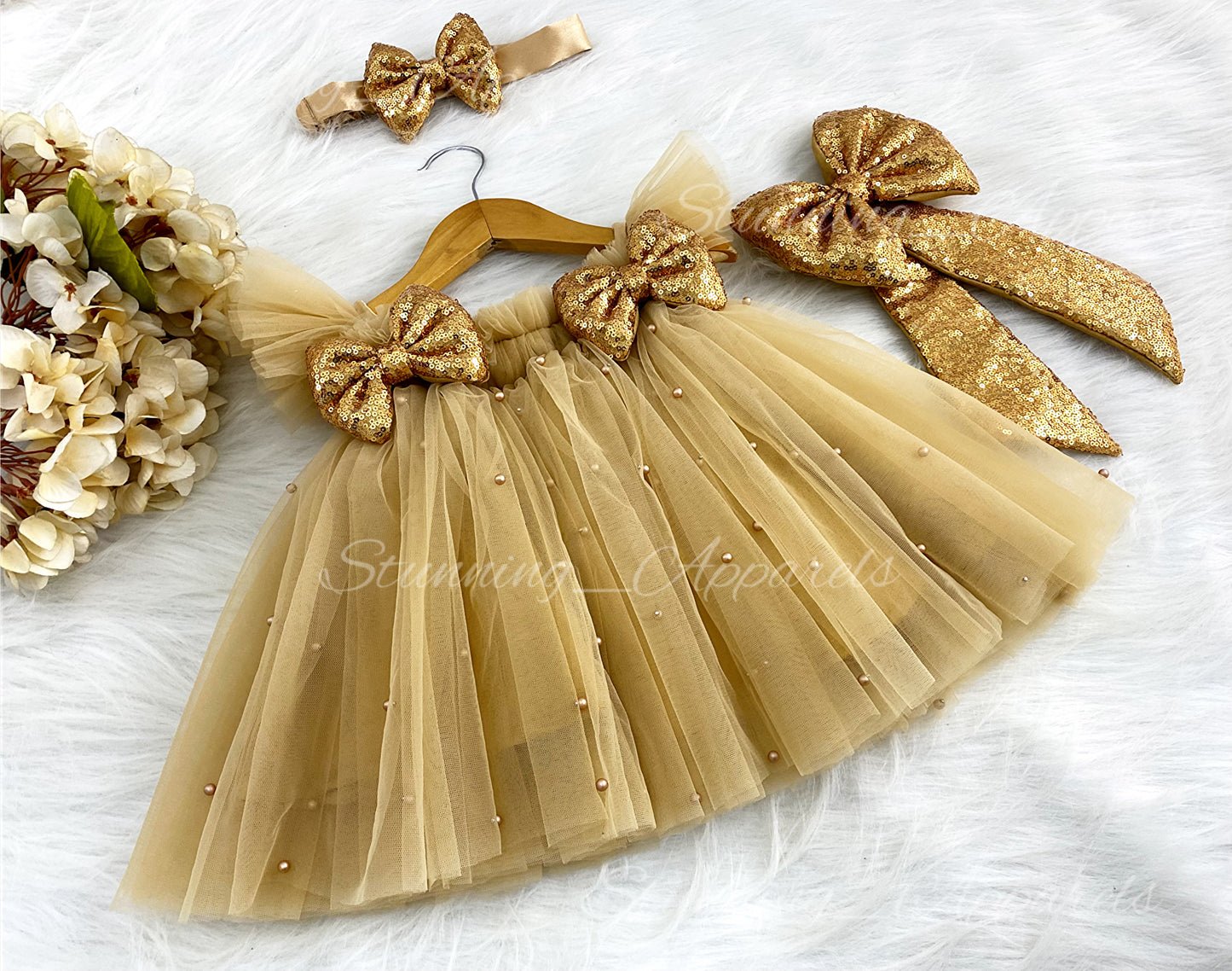 Golden Sequins Bow Party Wear Golden Umbrella Dress