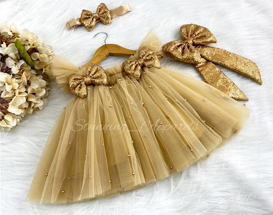 Golden Sequins Bow Party Wear Golden Umbrella Dress
