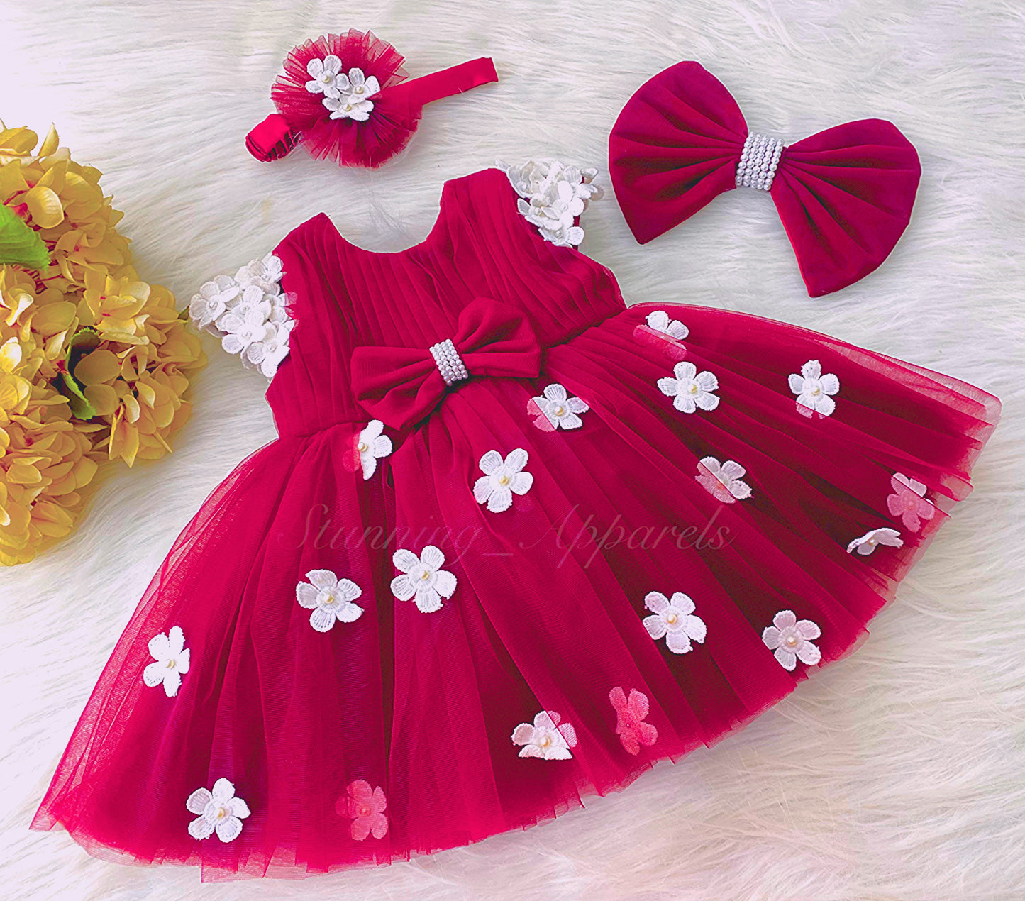 Cute White Flower Work Cape Sleeves Magenta Pink Frock