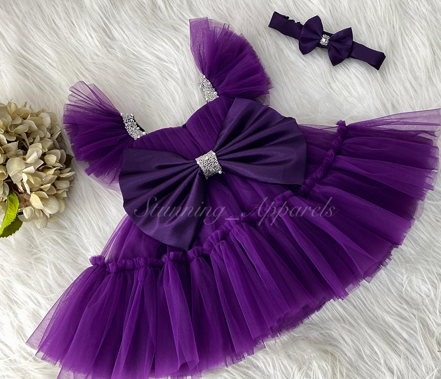 Designer Sweetheart Ruffled Sleeves Neckline Hand Work Purple Pink Frock