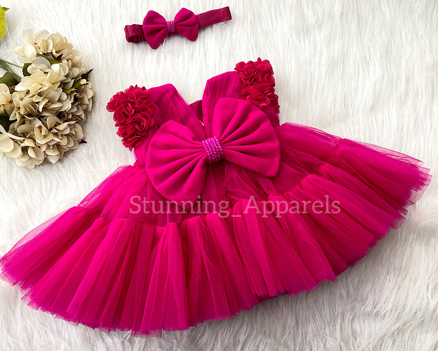 Beautiful Cape Sleeves Flower Work Ruffled Magenta Pink Frock
