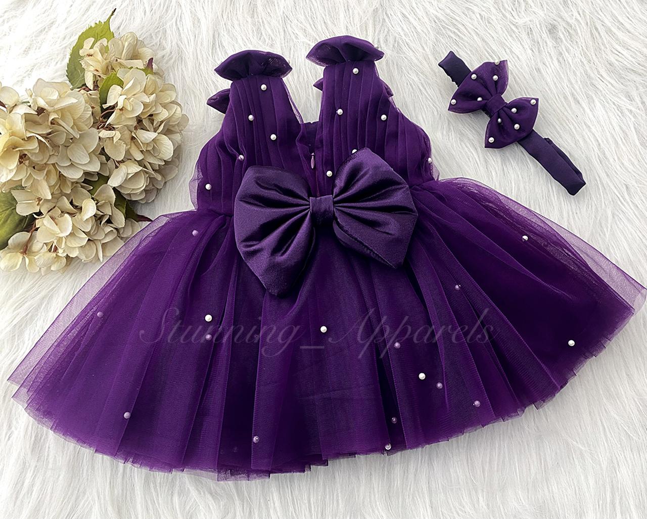 Shoulder Bow Pearls Work Purple Frock