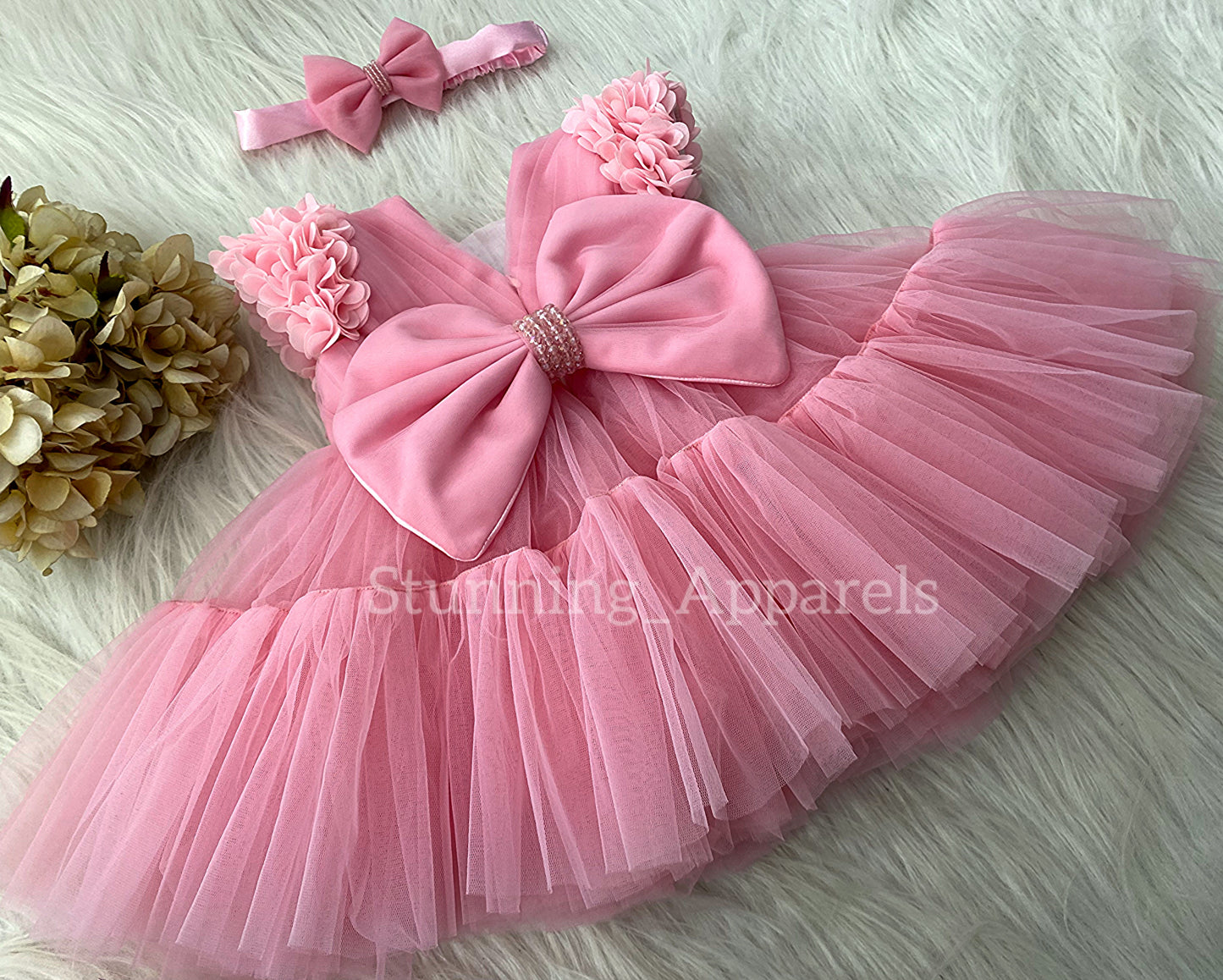 Beautiful Cape Sleeves Flower Work Ruffled Peach Frock